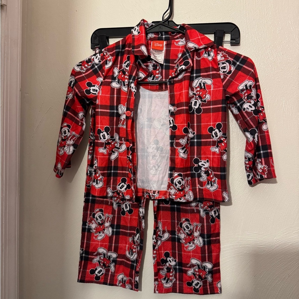Disney Mickey mouse Christmas holiday two piece pajama set button up plaid 4T